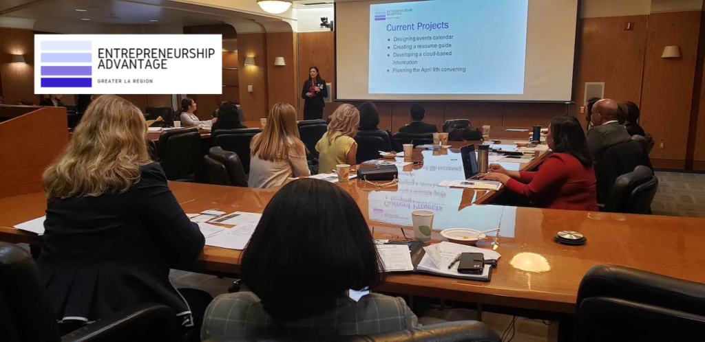 Photo of an Entrepreneurship Advantage convening, with the EA logo in the corner