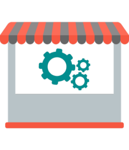 graphic of a storefront with gears inside