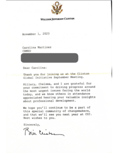 photo of a letter from President Bill Clinton to CAMEO CEO Carolina Martinez